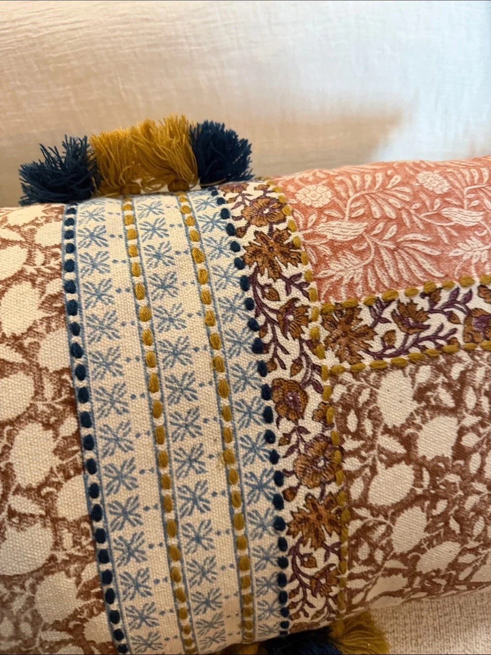 Boho Patchwork Decorative Throw lumbar Pillow in Cream, Brown & Rust with tassel